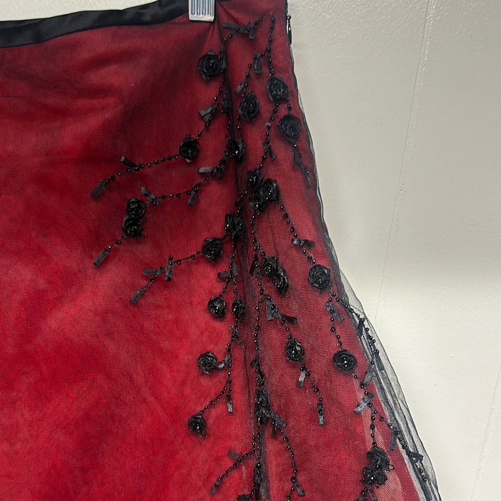 Vintage Y2K Victor Costa 12 Red Tulle Overlay Floral Skirt Whimsygoth 100% Silk - Picture 3 of 10